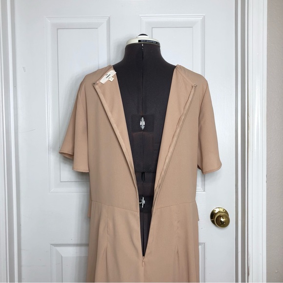 Entro V Neck Adjustable Knot Detail Cape Sleeve Zipper Dusty Rose Tan Dress L - Picture 8 of 14